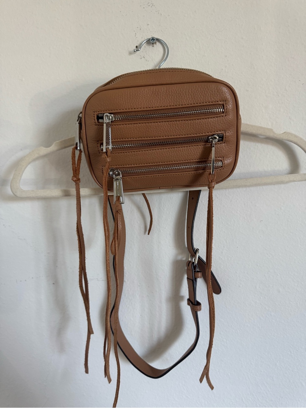 Rebecca Minkoff Tan Leather Crossbody Bag with Front Zippers